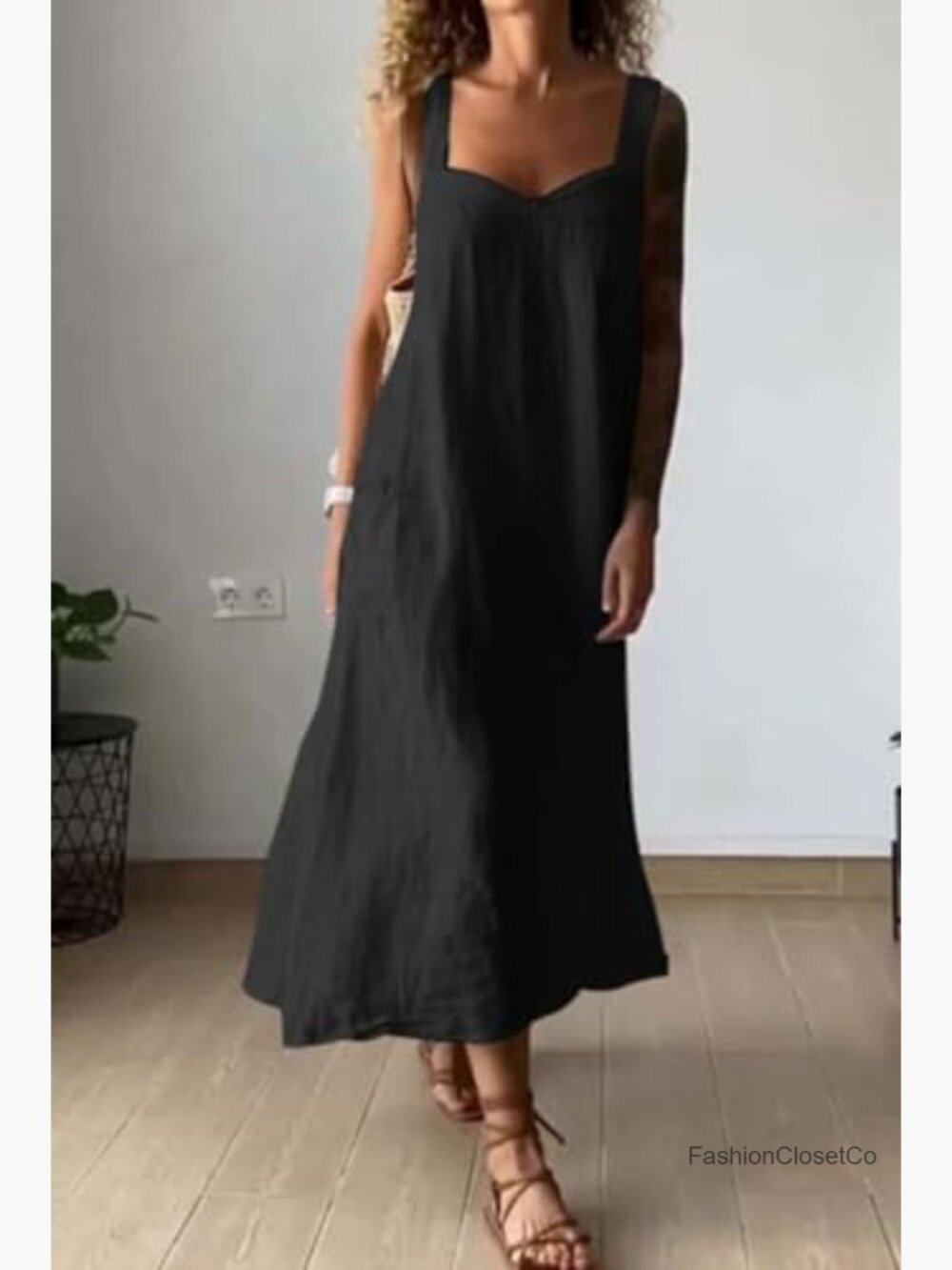 Linen Spaghetti Strap Overall Dress Midi A-Line Beach Dress with Pockets - Picture 2 of 3